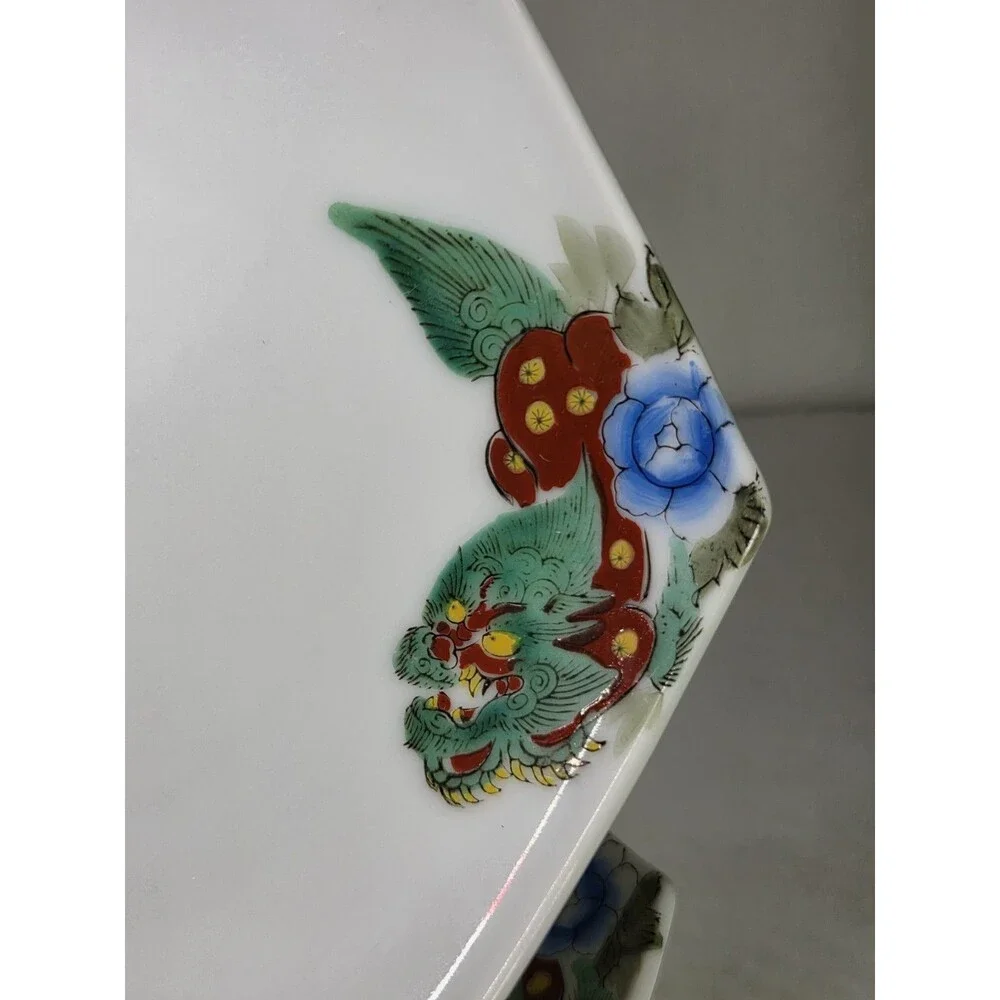 Set Of 5 Hexagonal Plates Hand Painted Foo Dogs Dragons Floral 7.25